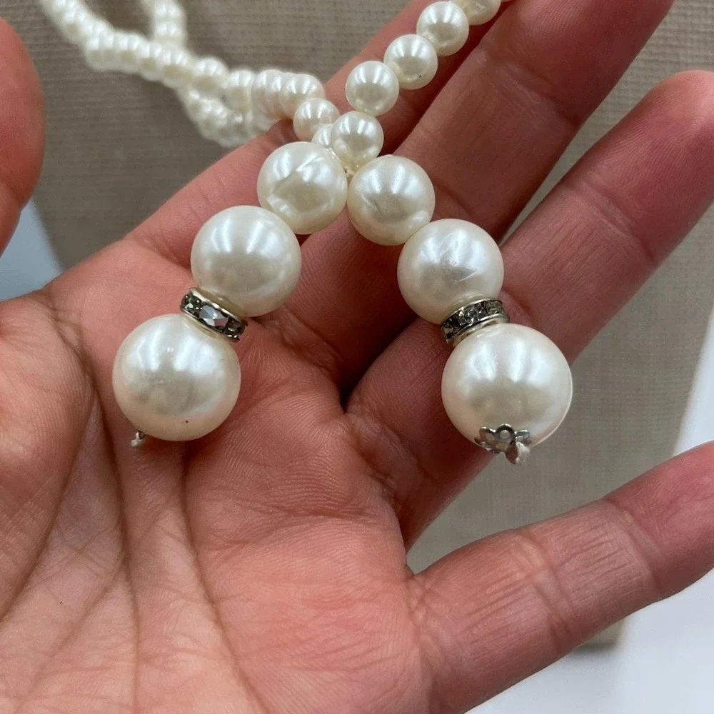 Vintage Long Faux Pearl Double Strand Lariat Necklace White Beaded‎ Tassel Drop